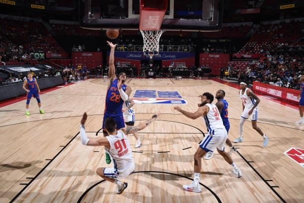 Walker of the New York Knicks shoots the ball during the game against the Detroit Pistons during the 2021 Las Vegas Summer League on August 13, 2021...