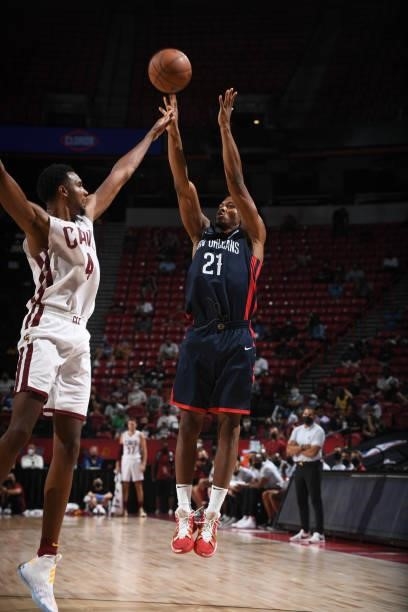 Malcolm Hill of the New Orleans Pelicans shoots the ball during the game against the Cleveland Cavaliers during the 2021 Las Vegas Summer League on...