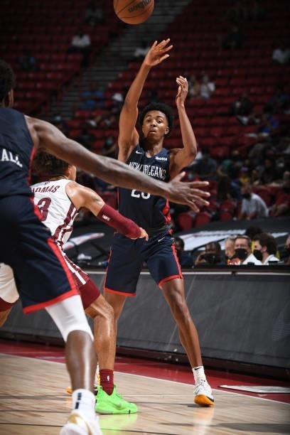 Trey Murphy III of the New Orleans Pelicans passes the ball during the game against the Cleveland Cavaliers during the 2021 Las Vegas Summer League...
