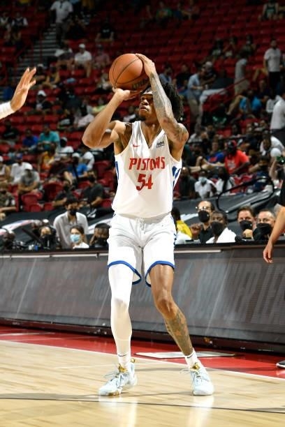 Jamorko Pickett of the Detroit Pistons shoots the ball during the game against the New York Knicks during the 2021 Las Vegas Summer League on August...