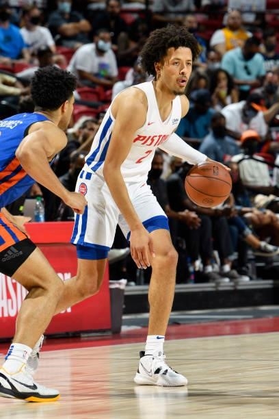 Cade Cunningham of the Detroit Pistons dribbles the ball during the game against the New York Knicks during the 2021 Las Vegas Summer League on...