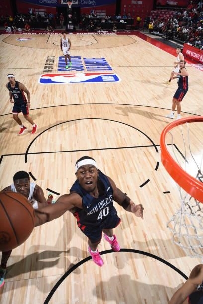 Moses Wright of the New Orleans Pelicans rebounds during the game against the Cleveland Cavaliers during the 2021 Las Vegas Summer League on August...