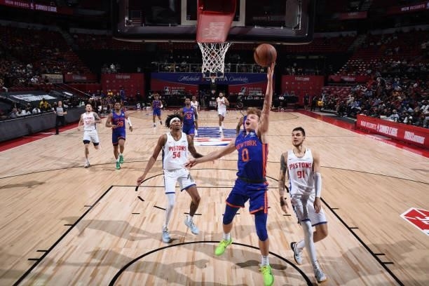 Rokas Jokubaitis of the New York Knicks shoots the ball during the game against the Detroit Pistons during the 2021 Las Vegas Summer League on August...