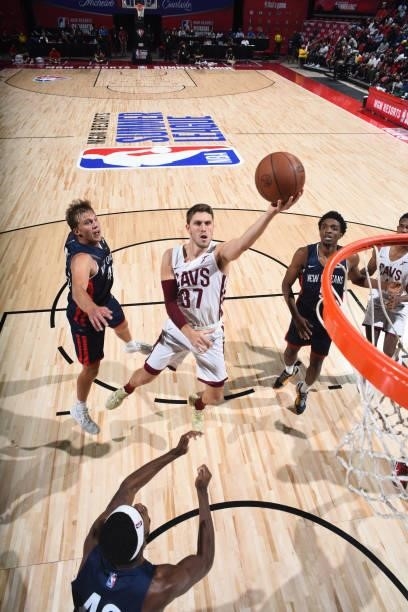 Matt Ryan of the Cleveland Cavaliers shoots the ball during the game against the New Orleans Pelicans during the 2021 Las Vegas Summer League on...