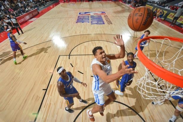 Oscar da Silva of the Oklahoma City Thunder shoots the ball during the game against the Golden State Warriors during the 2021 Las Vegas Summer League...