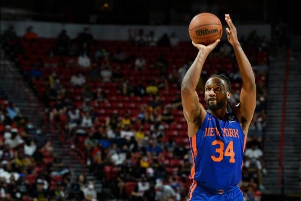 Wayne Selden of the New York Knicks shoots a free throw during the game against the Detroit Pistons during the 2021 Las Vegas Summer League on August...