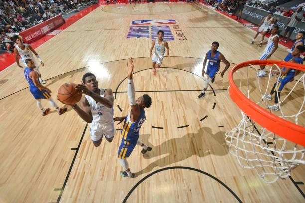 Moses Brown of the Oklahoma City Thunder drives to the basket during the game against the Golden State Warriors during the 2021 Las Vegas Summer...