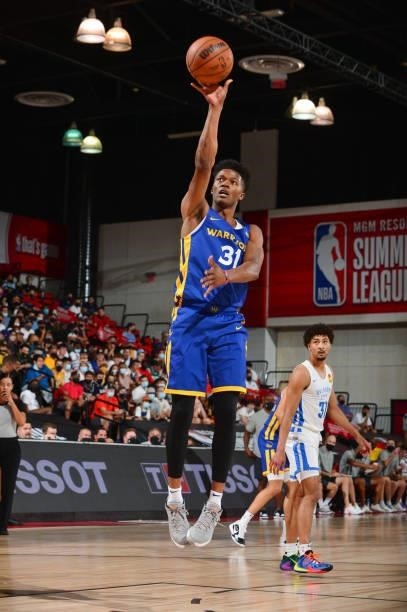 Eli Pemberton of the Golden State Warriors shoots the ball during the game against the Oklahoma City Thunder during the 2021 Las Vegas Summer League...