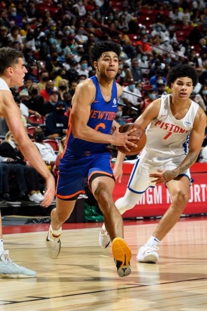 Quentin Grimes of the New York Knicks drives to the basket during the game against the Detroit Pistons during the 2021 Las Vegas Summer League on...