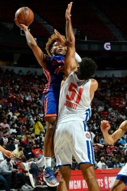 Miles McBride of the New York Knicks shoots the ball during the game against the Detroit Pistons during the 2021 Las Vegas Summer League on August...