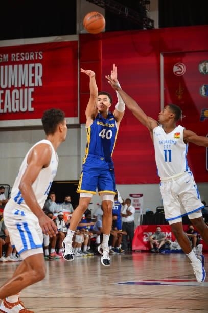 Jaquori McLaughlin of the Golden State Warriors shoots the ball during the game against the Oklahoma City Thunder during the 2021 Las Vegas Summer...
