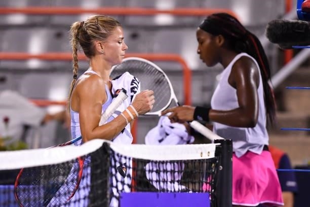 Camila Giorgi of Italy changes sides during her Womens Singles Quarterfinals match against Cori Gauff of the United States on Day Five of the...