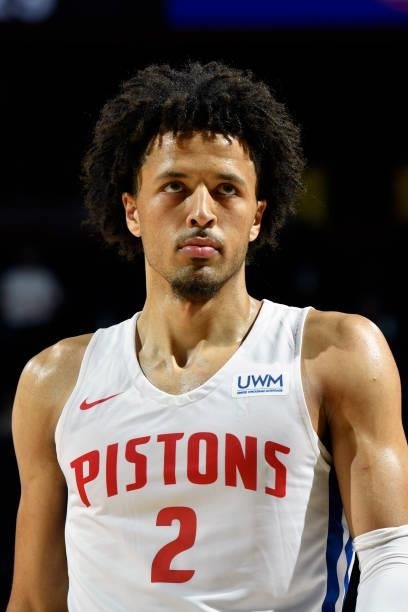 Cade Cunningham of the Detroit Pistons looks on during the game against the New York Knicks during the 2021 Las Vegas Summer League on August 13,...