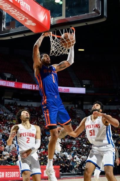 Obi Toppin of the New York Knicks dunks the ball during the game against the Detroit Pistons during the 2021 Las Vegas Summer League on August 13,...