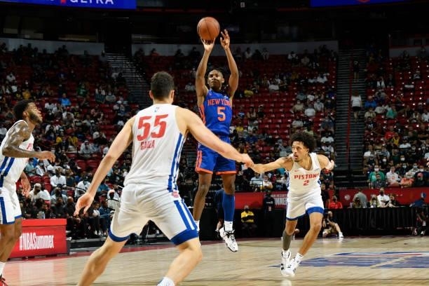Immanuel Quickley of the New York Knicks shoots the ball during the game Detroit Pistons during the 2021 Las Vegas Summer League on August 13, 2021...