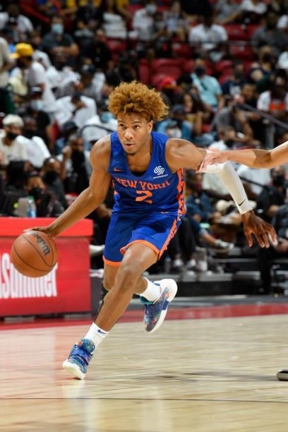 Miles McBride of the New York Knicks dribbles the ball during the game against the Detroit Pistons during the 2021 Las Vegas Summer League on August...