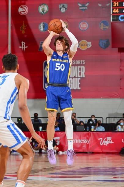 Kyle Guy of the Golden State Warriors shoots the ball during the game against the Oklahoma City Thunder during the 2021 Las Vegas Summer League on...