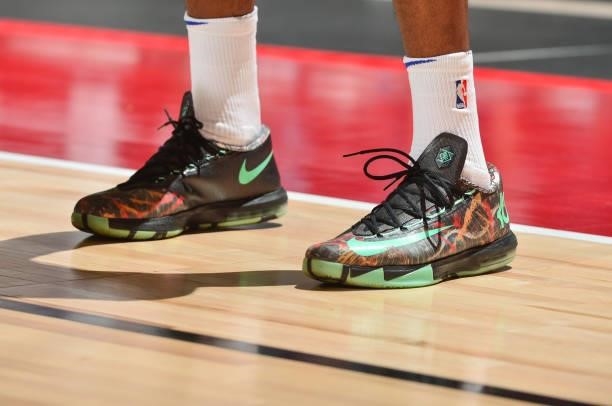 The sneakers worn by Jonathan Kuminga of the Golden State Warriors during the game against the Oklahoma City Thunder during the 2021 Las Vegas Summer...