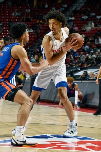Cade Cunningham of the Detroit Pistons handles the ball during the game against the New York Knicks during the 2021 Las Vegas Summer League on August...