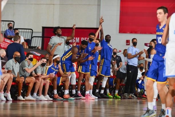 The Golden State Warriors react to a play during the game against the Oklahoma City Thunder during the 2021 Las Vegas Summer League on August 13,...