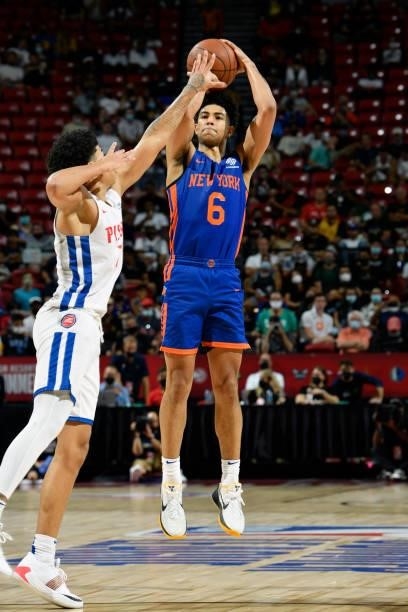 Quentin Grimes of the New York Knicks shoots a three point basket during the game against the Detroit Pistons during the 2021 Las Vegas Summer League...