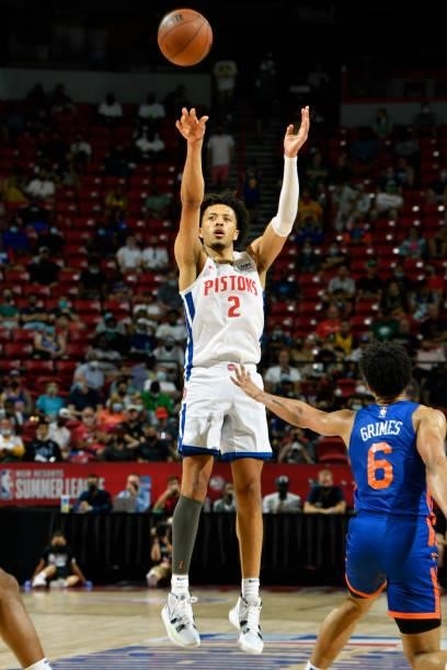 Cade Cunningham of the Detroit Pistons shoots the ball during the game against the New York Knicks during the 2021 Las Vegas Summer League on August...