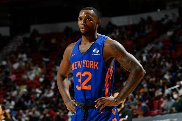 Aamir Simms of the New York Knicks looks on during the game against the Detroit Pistons during the 2021 Las Vegas Summer League on August 13, 2021 at...