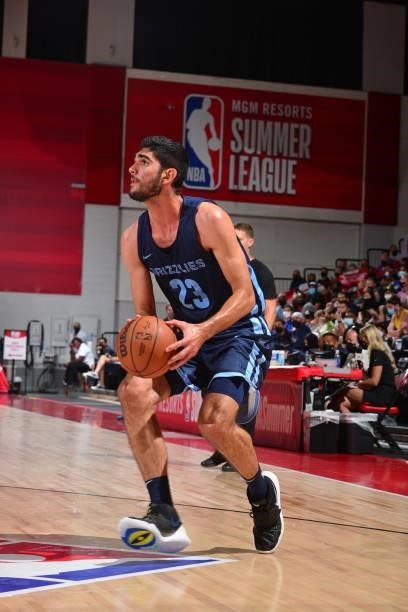 Santi Aldama of the Memphis Grizzlies looks to shoot the ball against the Sacramento Kings during the 2021 Las Vegas Summer League on August 13, 2021...