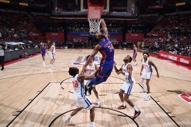 Wayne Selden of the New York Knicks drives to the basket during the game against the Detroit Pistons during the 2021 Las Vegas Summer League on...