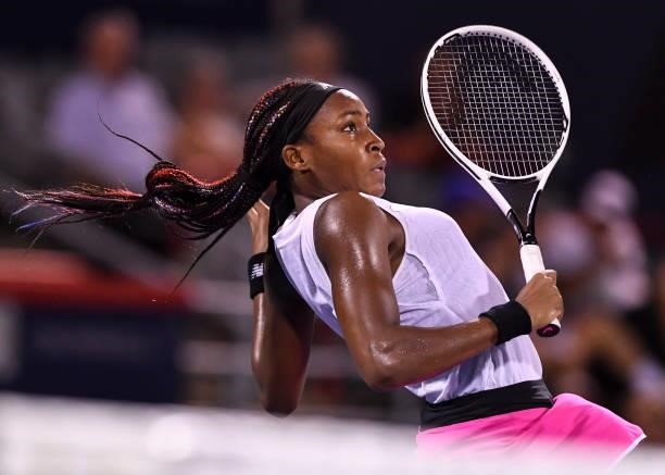 Cori Gauff of the United States rushes to the net during her Womens Singles Quarterfinals match against Camila Giorgi of Italy on Day Five of the...