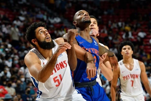 Grant Jarrett of the Detroit Pistons fights for position during the game against the New York Knicks during the 2021 Las Vegas Summer League on...