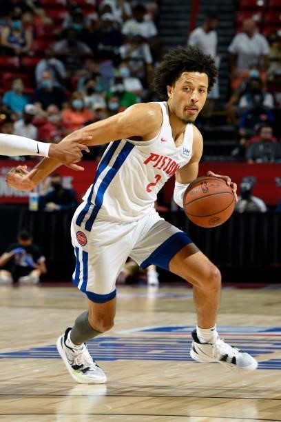 Cade Cunningham of the Detroit Pistons drives to the basket during the game against the New York Knicks during the 2021 Las Vegas Summer League on...