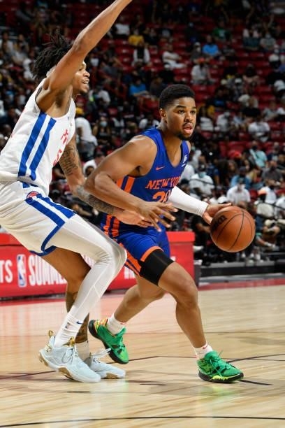 Walker of the New York Knicks dribbles the ball during the game against the Detroit Pistons during the 2021 Las Vegas Summer League on August 13,...