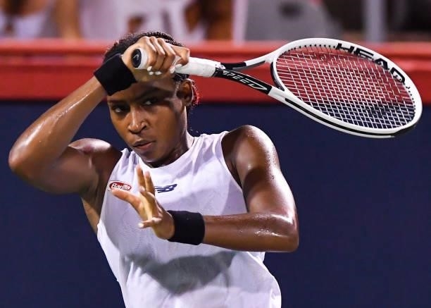 Cori Gauff of the United States hits a return during her Womens Singles Quarterfinals match against Camila Giorgi of Italy on Day Five of the...
