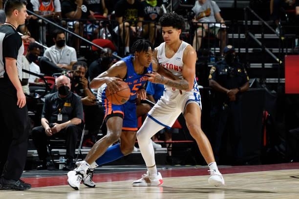 Killian Hayes of the Detroit Pistons plays defense on Immanuel Quickley of the New York Knicks during the 2021 Las Vegas Summer League on August 13,...