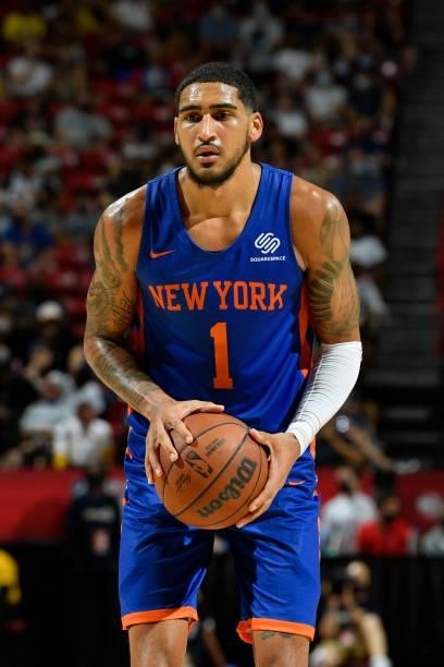 Obi Toppin of the New York Knicks shoots a free throw during the game against the Detroit Pistons during the 2021 Las Vegas Summer League on August...