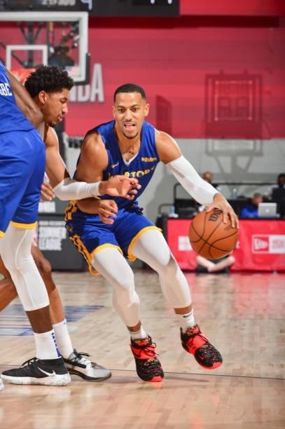 Kendall Smith of the Golden State Warriors handles the ball during the game against the Oklahoma City Thunder during the 2021 Las Vegas Summer League...