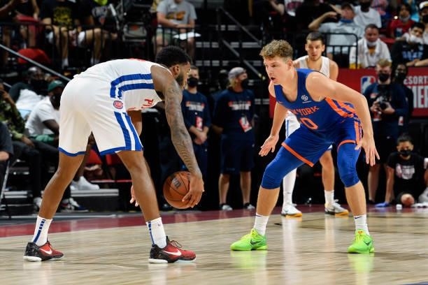 Rokas Jokubaitis of the New York Knicks plays defense during the game against the Detroit Pistons during the 2021 Las Vegas Summer League on August...