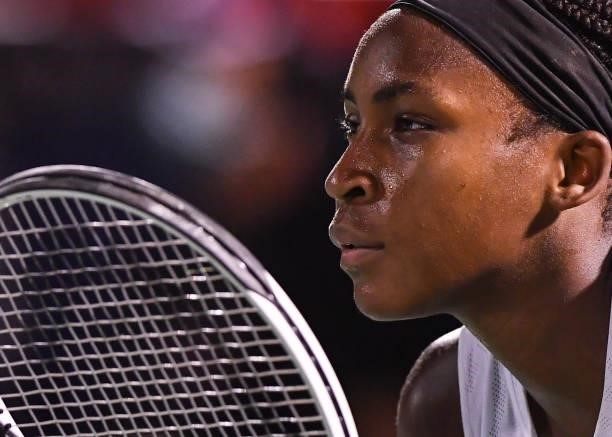 Cori Gauff of the United States remains focused during her Womens Singles Quarterfinals match against Camila Giorgi of Italy on Day Five of the...