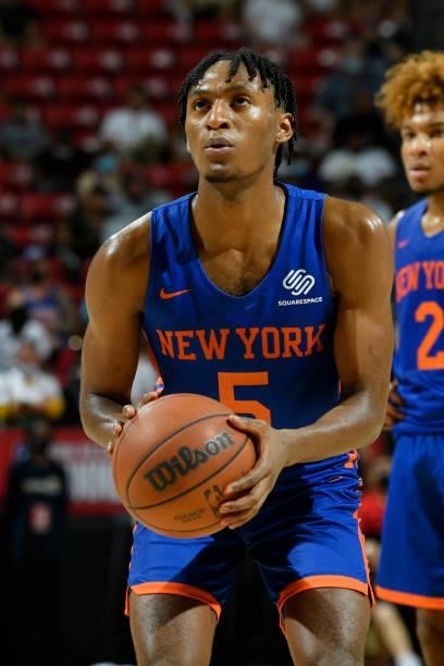 Immanuel Quickley of the New York Knicks shoots a free throw during the game against the Detroit Pistons during the 2021 Las Vegas Summer League on...