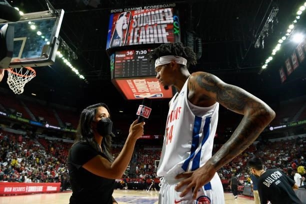 Jamorko Pickett of the Detroit Pistons is interviewed during the game against the New York Knicks during the 2021 Las Vegas Summer League on August...