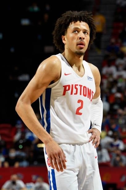 Cade Cunningham of the Detroit Pistons looks on during the game against the New York Knicks during the 2021 Las Vegas Summer League on August 13,...