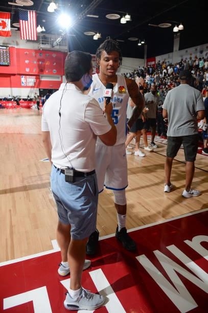 Rob Edwards of the Oklahoma City Thunder talks to the media after the game against the Golden State Warriors during the 2021 Las Vegas Summer League...