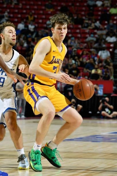 Austin Reaves of the Los Angeles Lakers dribbles the ball during the game against the LA Clippers during the 2021 Las Vegas Summer League on August...