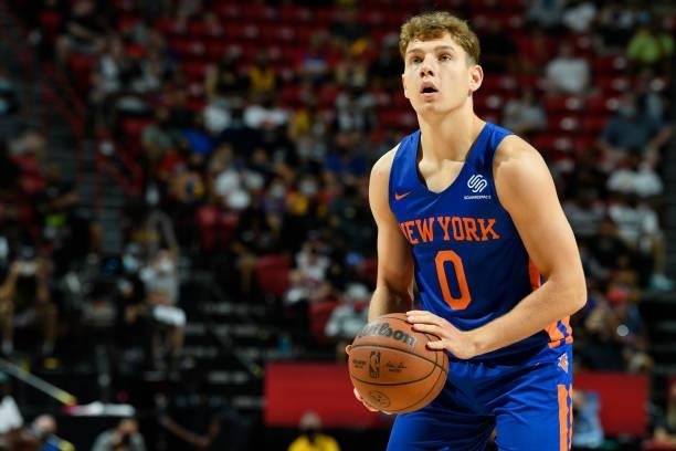 Rokas Jokubaitis of the New York Knicks shoots a free throw during the game against the Detroit Pistons during the 2021 Las Vegas Summer League on...