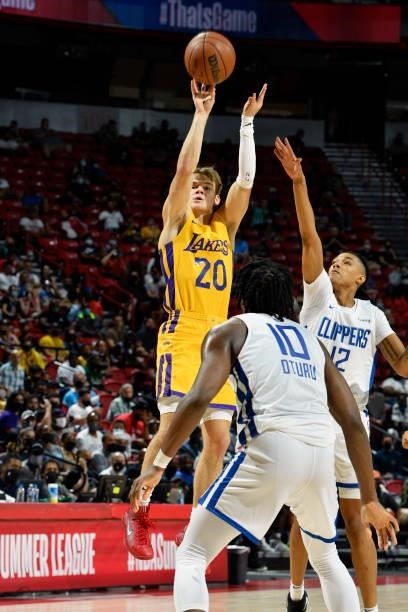 Mac McClung of the Los Angeles Lakers shoots the ball during the game against the LA Clippers during the 2021 Las Vegas Summer League on August 13,...