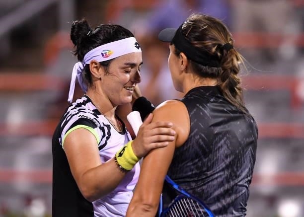 Ons Jabeur of Tunisia congratulates Jessica Pegula of the United States for her victory during their Womens Singles Quarterfinals match on Day Five...