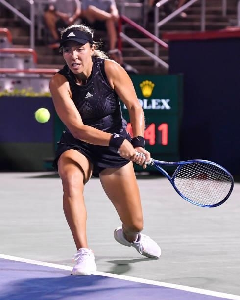 Jessica Pegula of the United States hits a return during her Womens Singles Quarterfinals match against Ons Jabeur of Tunisia on Day Five of the...