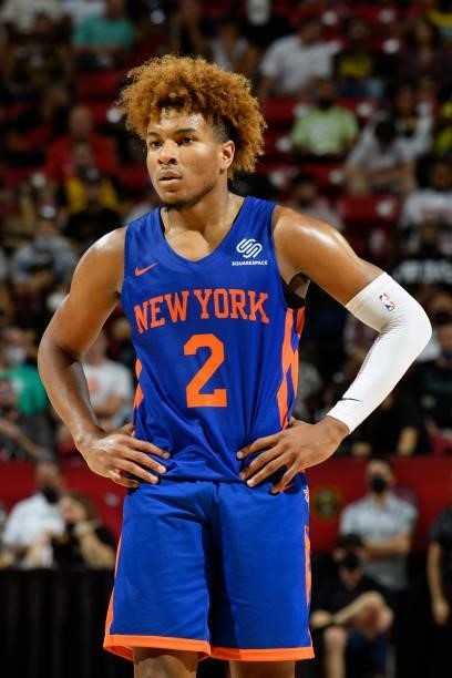 Miles McBride of the New York Knicks looks on during the game against the Detroit Pistons during the 2021 Las Vegas Summer League on August 13, 2021...
