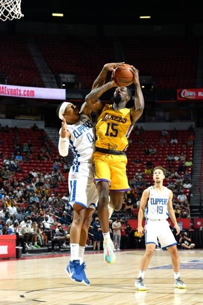 Jay Scrubb of the LA Clippers blocks the ball during the game against the Los Angeles Lakers during the 2021 Las Vegas Summer League on August 13,...